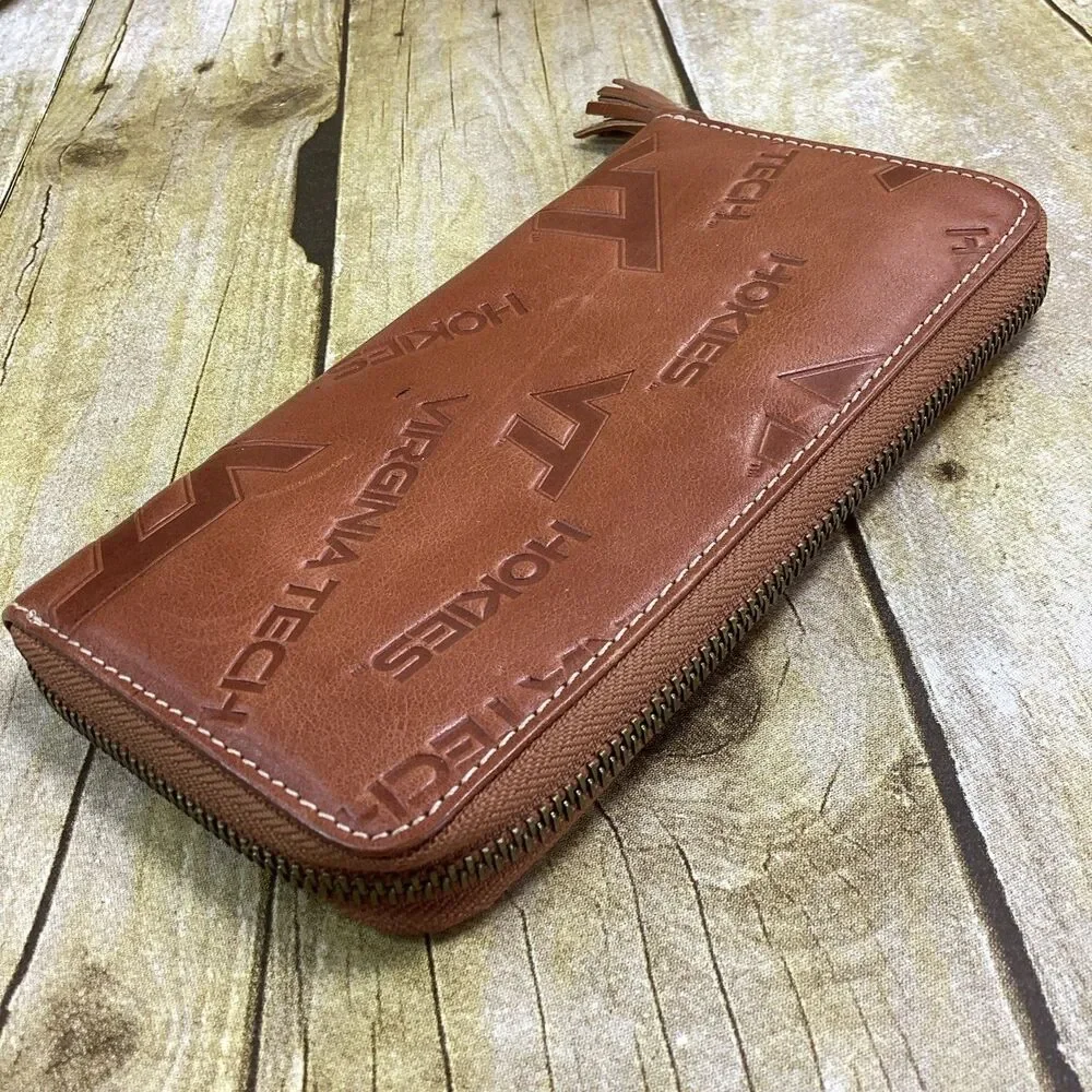 VT Hokies JML Embossed Cowhide Leather Wallet Brown Virginia Tech Zip Around